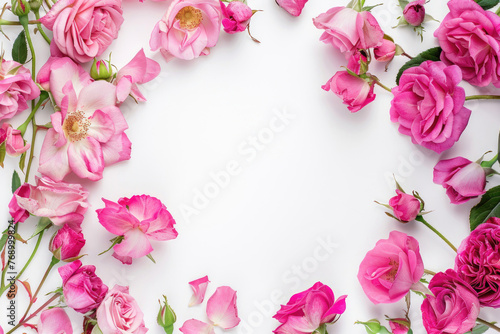 Assorted pink rose flowers border on a white background © Venka