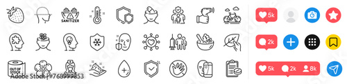 Nurse, Shields and Family insurance line icons pack. Social media icons. Skin care, Medical vaccination, Dating web icon. Thermometer, Oil serum, Clean skin pictogram. Vector