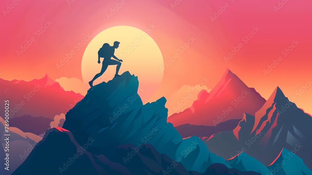 a man climbing up a mountain with a backpack - obrazy, fototapety, plakaty 