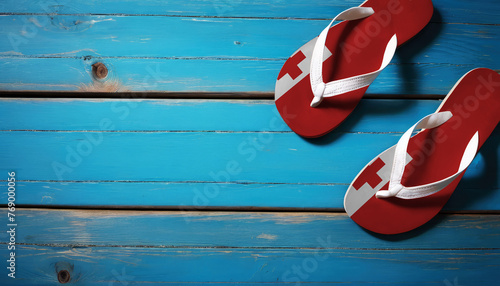 Pair of beach sandals with flag Tonga. Slippers for summer sea vacation. Concept travel and vacation in Tonga.