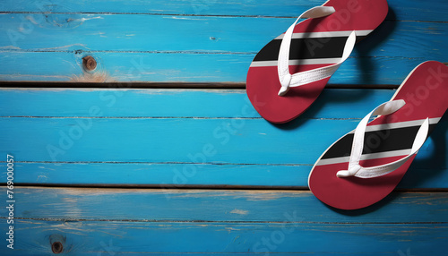 Pair of beach sandals with flag Trinidad and Tobago. Slippers for summer sea vacation. Concept travel and vacation in Trinidad and Tobago.