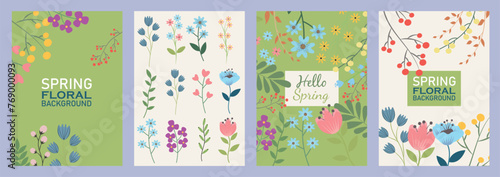 Set of trendy botanical floral backgrounds and posters. Minimalistic modern design with hand drawn spring flowers, leaves and branches. Vector template for greeting card, banner, poster, invitation.
