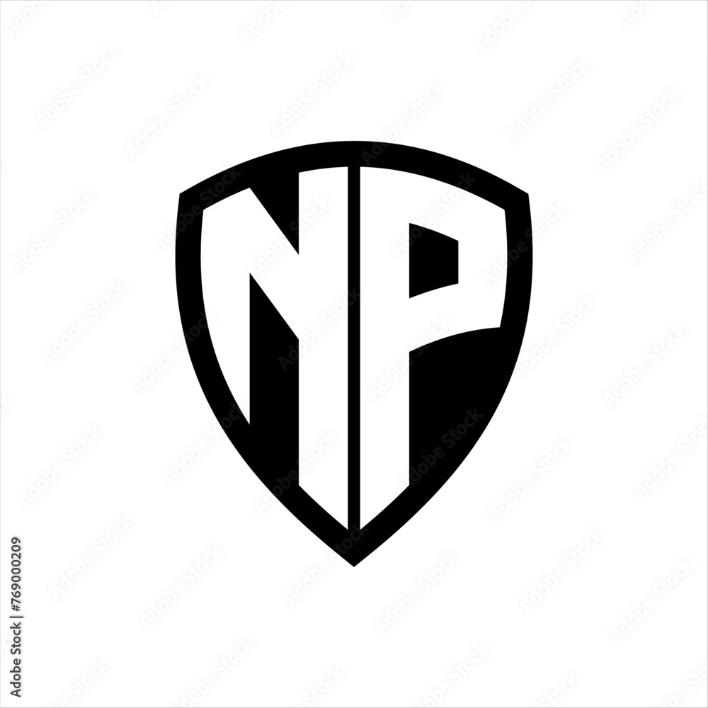 NP monogram logo with bold letters shield shape with black and white color design NP monogram logo with bold letters shield shape with black and white color design