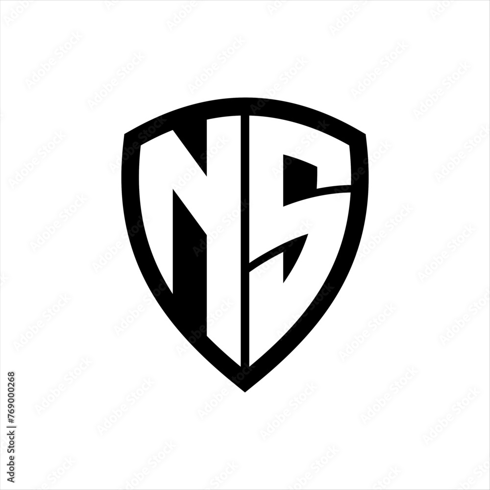 NS monogram logo with bold letters shield shape with black and white color design NS monogram logo with bold letters shield shape with black and white color design