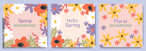 Set of floral cards and templates with hand drawn colorful spring summer flowers. Trendy modern floral backgrounds, banners, posters for Womens Day, Birthday, Mothers Day. Congratulations concept.