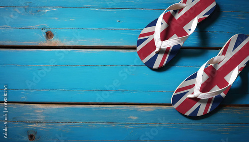Pair of beach sandals with flag United Kingdom. Slippers for summer sea vacation. Concept travel and vacation in United Kingdom.