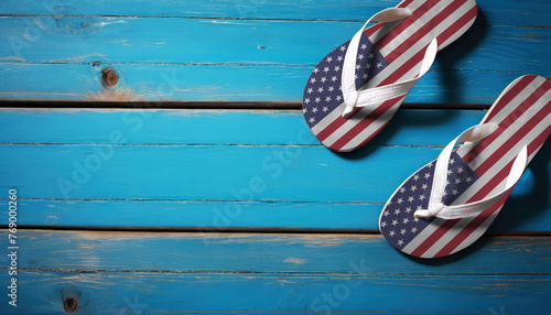 Pair of beach sandals with flag USA. Slippers for summer sea vacation. Concept travel and vacation in USA.