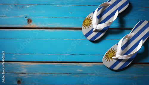 Pair of beach sandals with flag Uruguay. Slippers for summer sea vacation. Concept travel and vacation in Uruguay.