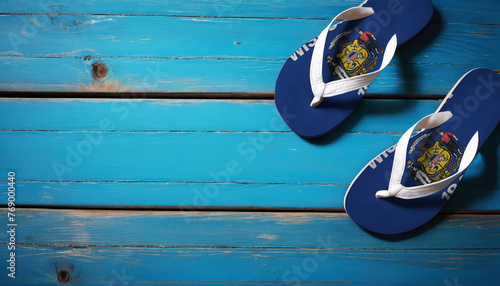 Pair of beach sandals with flag Wisconsin. Slippers for summer sea vacation. Concept travel and vacation in Wisconsin.