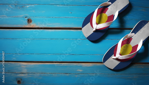 Pair of beach sandals with flag Colorado. Slippers for summer sea vacation. Concept travel and vacation in Colorado.
