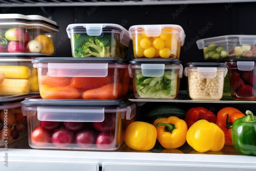 A fridge shelf stocked with colorful fruits and vegetables in clear plastic containers. Assorted Fresh Produce in Plastic Containers A fridge shelf stocked with colorful fruits and vegetables in clear plastic containers. Assorted Fresh Produce in Plastic Containers