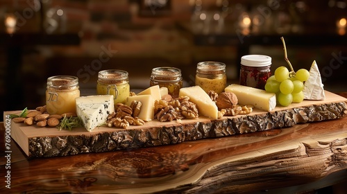 an intricate cheese board spread with an assortment of gourmet cheeses including brie