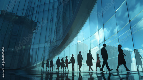 Silhouetted figures are walking in a line with the sun casting long shadows, suggesting a group of professionals on their way in an urban environment, embodying the hustle of corporate life.