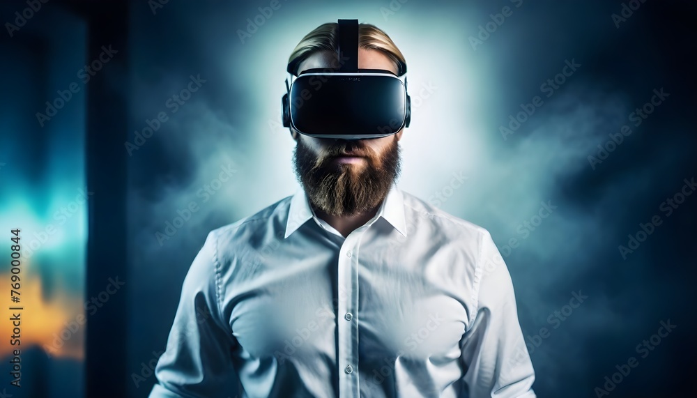 Adult Man with a long blonde beard wearing a white shirt and a virtual reality headset, holding the headset with one hand, standing in a modern office Adult Man with a long blonde beard wearing a white shirt and a virtual reality headset, holding the headset with one hand, standing in a modern office