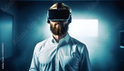 Adult Man with a long blonde beard wearing a white shirt and a virtual reality headset, holding the headset with one hand, standing in a modern office © Saqib