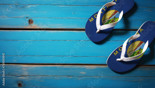 Pair of beach sandals with flag Montana. Slippers for summer sea vacation. Concept travel and vacation in Montana.