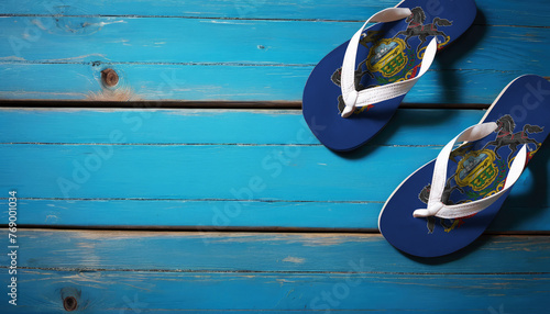 Pair of beach sandals with flag Pennsylvania. Slippers for summer sea vacation. Concept travel and vacation in Pennsylvania.