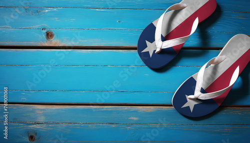 Pair of beach sandals with flag Texas. Slippers for summer sea vacation. Concept travel and vacation in Texas.