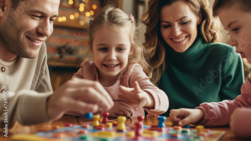 family enjoying a board game together, with a focus on the smiling faces of a young girl, her parents