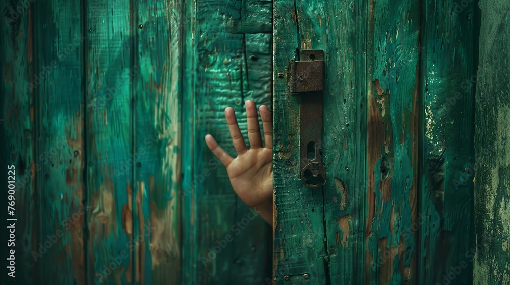 A hand emerged from the green wooden door. A hand emerged from the green wooden door.
