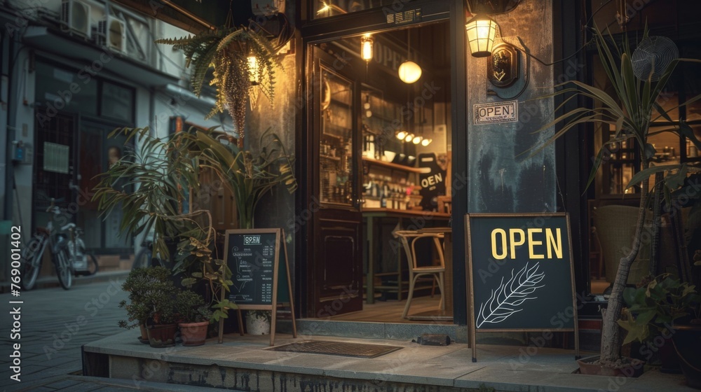 Obraz premium Banner with the inscription open at the entrance, creating a warm and cozy atmosphere for customers