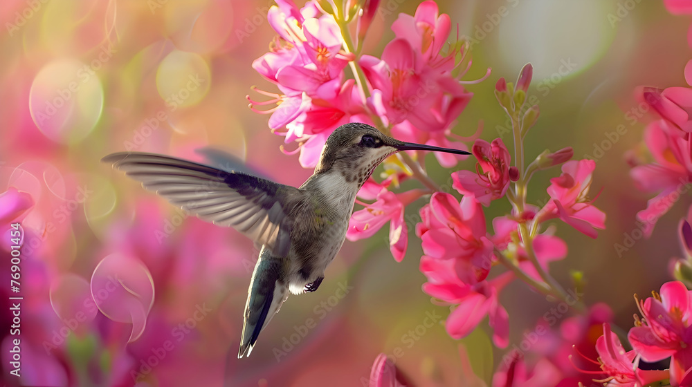 Fototapeta premium A diurnal hummingbird sipping nectar from vibrant flowers