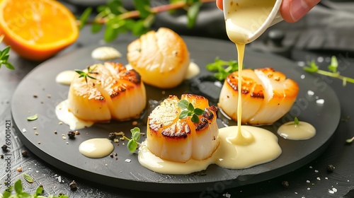 an atmospheric culinary scene featuring perfectly seared scallops on a dark plate photo