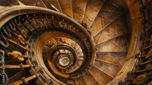 Ancient spiral staircase, shot from above, the graceful curve and symmetry of the staircase
