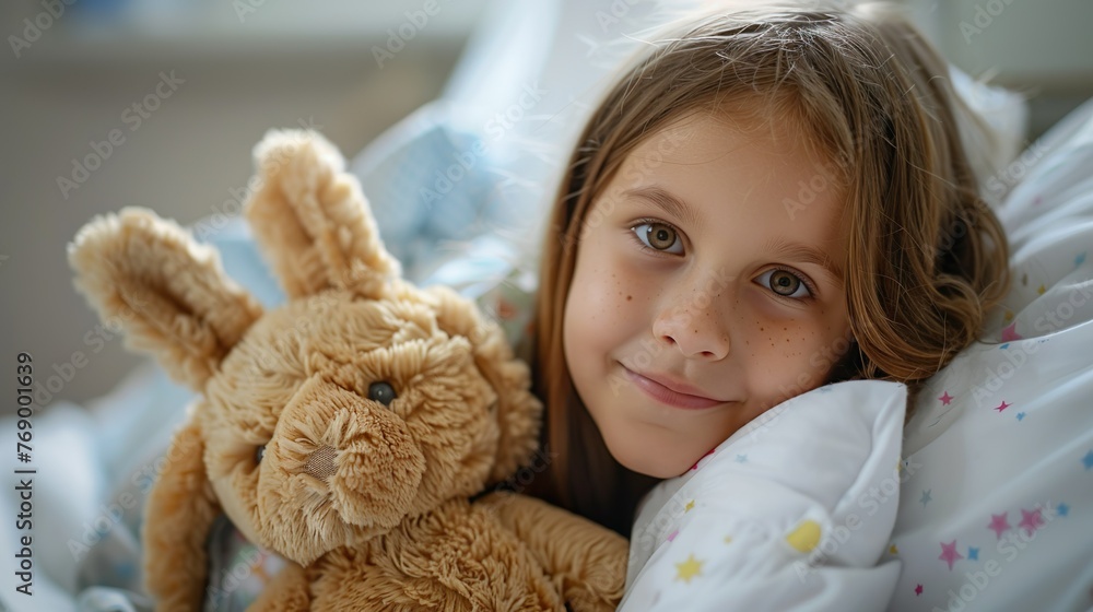 Girl with toy bunny in hospital Girl with toy bunny in hospital