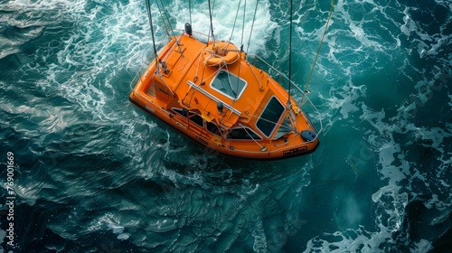 Enclosed lifeboat in orange color, robust construction and well thought out design