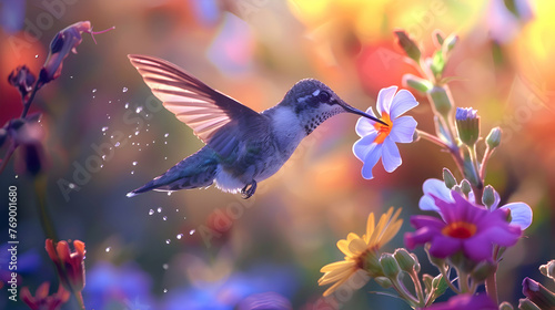 A diurnal hummingbird sipping nectar from vibrant flowers photo