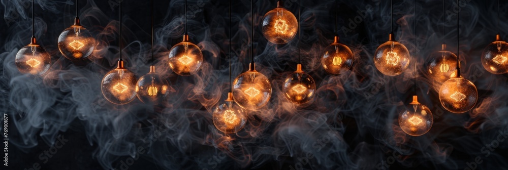 Glass bottles filled with liquid hanging from the ceiling, positioned on a wooden wall, with light bulbs inside Glass bottles filled with liquid hanging from the ceiling, positioned on a wooden wall, with light bulbs inside