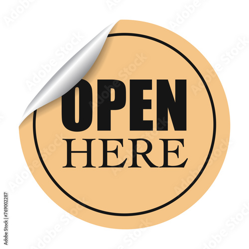 Open here sticker design realistick style against warm tan background, suggesting ease of access and user friendly packaging