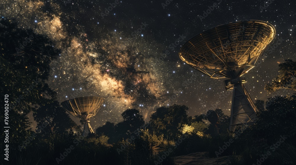 Radio telescopes, observes the Milky Way at night, the unusualness and complexity of our galaxy - obrazy, fototapety, plakaty 