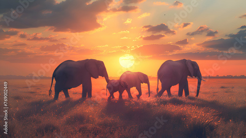 A family of elephants walking across the African plains © Muhammad
