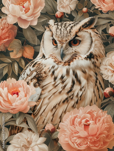 Photography of a fine art of owl surrounded by flowers overlain in shades of Peach Fuzz
