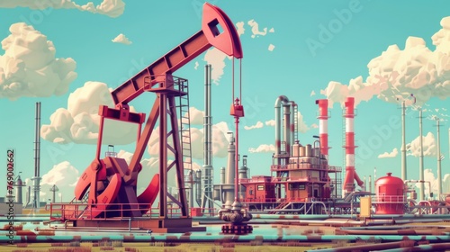 Illustration of Oil pump extracting oil against the backdrop of an oil refinery photo