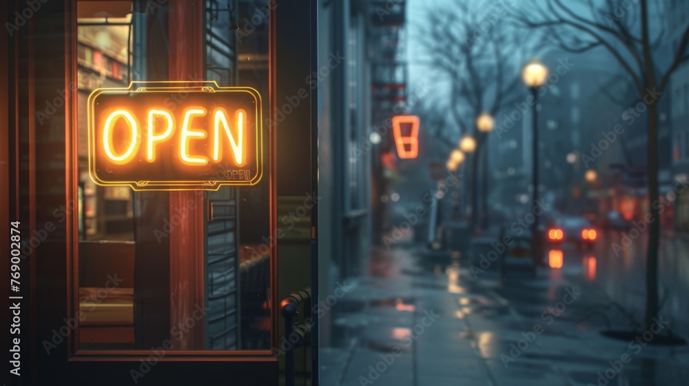 Pop-up banner hanging on the front door of a store with a neon sign open Pop-up banner hanging on the front door of a store with a neon sign open