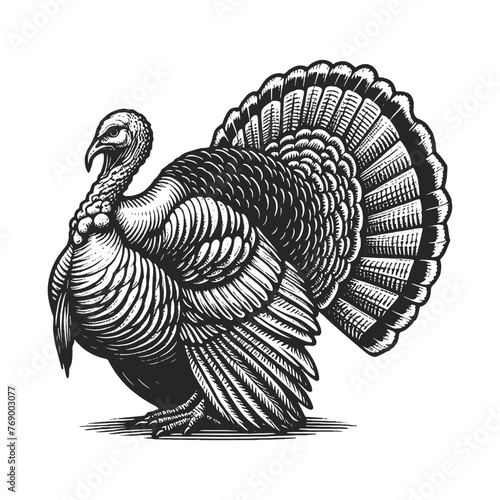 turkey farm bird in a vintage style sketch engraving generative ai vector illustration. Scratch board imitation. Black and white image.