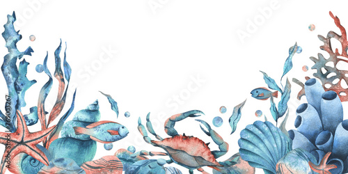 Underwater world clipart with sea animals whale, turtle, octopus, seahorse, starfish, shells, coral and algae. Hand drawn watercolor illustration. Border, template, frame isolated from the background. © NATASHA-CHU