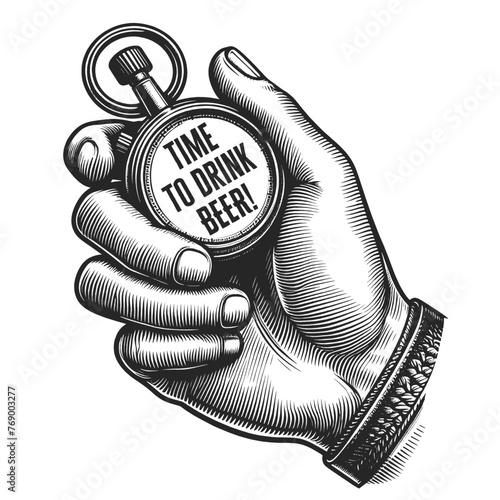 hand holding a watch TIME TO DRINK BEER, perfect for bar and pub art sketch engraving generative ai fictional character vector illustration. Scratch board imitation. Black and white image.