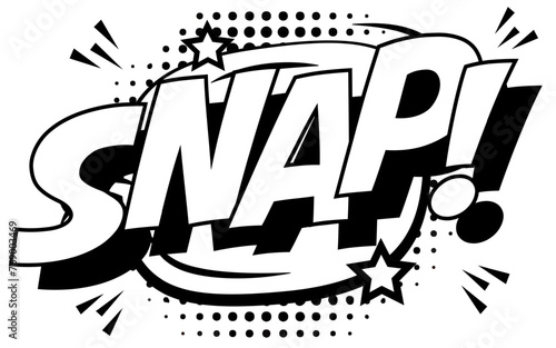 SNAP in dynamic comic book style, exuding a sense of sudden action or impact with a monochrome palette