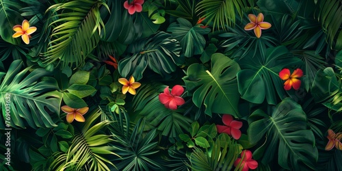 A lush tropical foliage pattern, featuring exotic flowers, dense jungle leaves, reflecting the untouched natural beauty created with Generative AI Technology