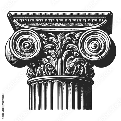 Ionic Roman Greek column capital intricate acanthus leaves and scroll volutes, in engraving style sketch engraving generative ai vector illustration. Scratch board imitation. Black and white image.
