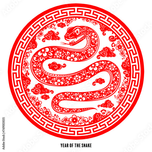 Happy chinese new year 2025 the snake zodiac sign with flower,lantern,asian elements red paper cut style on color background. ( Translation : happy new year 2025 year of the snake )
 photo