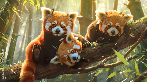 A family of red pandas playing in the branches of a bamboo forest
