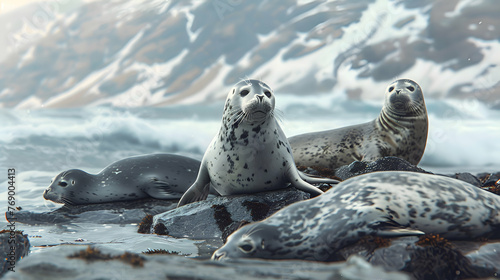 A family of seals lounging on a rocky beach