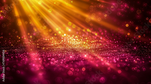 Asymmetric maroon light, abstract beautiful light rays on dark maroon blurry background with shades of burgundy and yellow. Golden-burgundy sparkling backdrop with bokeh and space for text. Copy space