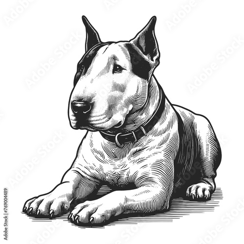 Dog Portrait Bull Terrier sketch engraving generative ai fictional character vector illustration. Scratch board imitation. Black and white image.