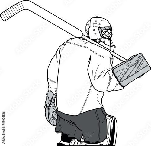 Ice Hockey Goalie with a stick on his shoulder. View from behind. Line drawing, illustration. Goaltender, Goaler, Goalkeeper figure. Vector, EPS, clear transparent background.